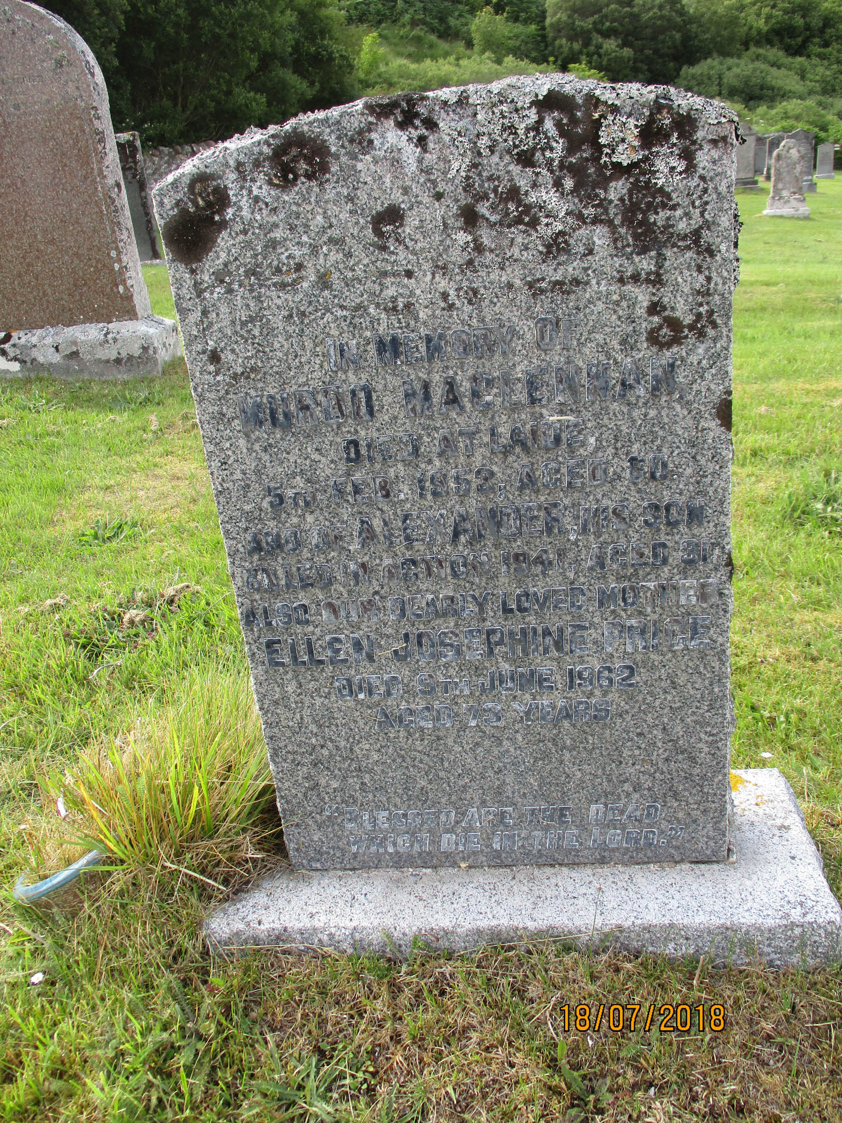 Photo of headstones/Murdo macLennan died 1953 MI Laide, Gairloch